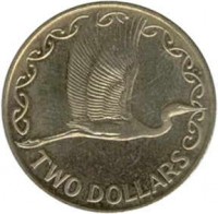 reverse of 2 Dollars - Elizabeth II - 4'th Portrait (1999 - 2014) coin with KM# 121 from New Zealand. Inscription: TWO DOLLARS