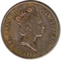 obverse of 1 Cent - Elizabeth II - 3'rd Portrait (1986 - 1988) coin with KM# 58 from New Zealand. Inscription: ELIZABETH II NEW ZEALAND 1987