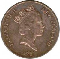 New Zealand coin 2 Cents - Elizabeth II - 3'rd Portrait (1986 - 1988) obverse obverse of 2 Cents - Elizabeth II - 3'rd Portrait (1986 - 1988) coin with KM# 59 from New Zealand. Inscription: ELIZABETH II NEW ZEALAND 1987
