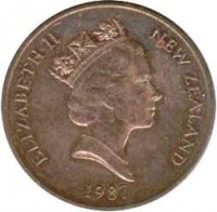 obverse of 2 Cents - Elizabeth II - 3'rd Portrait (1986 - 1988) coin with KM# 59 from New Zealand. Inscription: ELIZABETH II NEW ZEALAND 1987