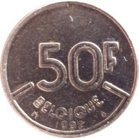 reverse of 50 Francs - Baudouin I - French text (1987 - 1993) coin with KM# 168 from Belgium. Inscription: 50F BELGIQUE 1991