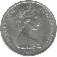 obverse of 10 Cents / 1 Shilling - Elizabeth II - 2'nd Portrait (1967 - 1969) coin with KM# 35 from New Zealand. Inscription: ELIZABETH II NEW ZEALAND 1967