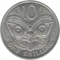 New Zealand coin 10 Cents / 1 Shilling - Elizabeth II - 2'nd Portrait (1967 - 1969) reverse reverse of 10 Cents / 1 Shilling - Elizabeth II - 2'nd Portrait (1967 - 1969) coin with KM# 35 from New Zealand. Inscription: 10 ONE SHILLING