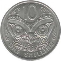 reverse of 10 Cents / 1 Shilling - Elizabeth II - 2'nd Portrait (1967 - 1969) coin with KM# 35 from New Zealand. Inscription: 10 ONE SHILLING