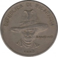 obverse of 1 Córdoba (1980 - 1983) coin with KM# 43 from Nicaragua. Inscription: REPUBLICA DE NICARAGUA SANDINO 1980