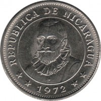 obverse of 10 Centavos (1972) coin with KM# 17.2a from Nicaragua. Inscription: REPUBLICA DE NICARAGUA **1972**