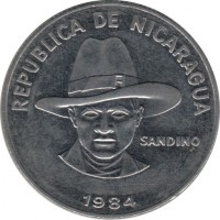 obverse of 1 Córdoba (1984 - 1985) coin with KM# 43a from Nicaragua. Inscription: REPUBLICA DE NICARAGUA SANDINO 1984