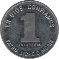 Nicaragua coin 1 Córdoba (1984 - 1985) reverse reverse of 1 Córdoba (1984 - 1985) coin with KM# 43a from Nicaragua. Inscription: EN DIOS CONFIAMOS 1 CORDOBA PATRIA LIBRE O MORIR