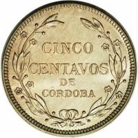 Nicaragua coin 5 Centavos de Córdoba (1912 - 1940) reverse reverse of 5 Centavos de Córdoba (1912 - 1940) coin with KM# 12 from Nicaragua. Inscription: CINCO CENTAVOS DE CORDOBA
