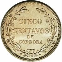 reverse of 5 Centavos de Córdoba (1912 - 1940) coin with KM# 12 from Nicaragua. Inscription: CINCO CENTAVOS DE CORDOBA