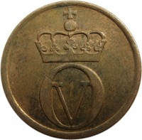 obverse of 2 Øre - Olav V - Small letters (1958) coin with KM# 404 from Norway. Inscription: O V