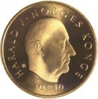 obverse of 10 Kroner - Harald V - 200th Anniversary of the Birth of Ole Bull (2010) coin with KM# 483 from Norway. Inscription: HARALD V NORGES KONGE 2010