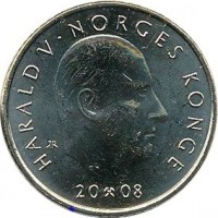 obverse of 10 Kroner - Harald V - Henrik Wergeland (2008) coin with KM# 482 from Norway. Inscription: HARALD V · NORGES KONGE IAR 20 08