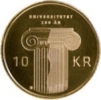 reverse of 10 Kroner - Harald V - Bicentenary of the Founding of Norway’s First University (2011) coin with KM# 484 from Norway. Inscription: UNIVERSITETET 200 ÅR 10 KR