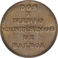 Panama coin 2 1/2 Centésimos (1929) reverse reverse of 2 1/2 Centésimos (1929) coin with KM# 8 from Panama. Inscription: DOS Y MEDIO CENTÉSIMOS DE BALBOA