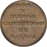 reverse of 2 1/2 Centésimos (1929) coin with KM# 8 from Panama. Inscription: DOS Y MEDIO CENTÉSIMOS DE BALBOA