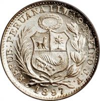 obverse of 1/2 Dinero - South Peru (1890 - 1917) coin with KM# 206 from Peru. Inscription: REPUB.PERUANA LIMA 9D:FINO J.F. 1903