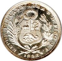 obverse of 1/5 Sol (1888 - 1917) coin with KM# 205 from Peru. Inscription: REPUB:PERUANA LIMA 9 D:FINO F. 1896