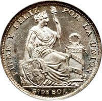 reverse of 1/5 Sol (1888 - 1917) coin with KM# 205 from Peru. Inscription: FIRME Y FELIZ POR LA UNION 5° DE SOL