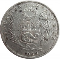 Peru coin 1/2 Sol (1922 - 1935) reverse reverse of 1/2 Sol (1922 - 1935) coin with KM# 216 from Peru. Inscription: FIRME Y FELIZ POR LA UNION 1/2 SOL