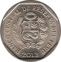 obverse of 1 Nuevo Sol - Wealth and pride of Peru: Temple of the Crossed Hands of Kotosh (2013) coin with KM# 372 from Peru. Inscription: BANCO CENTRAL DE RESERVA DEL PERU 2013