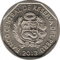 obverse of 1 Nuevo Sol - Natural resources of Peru: Quinoa (2013) coin with KM# 376 from Peru. Inscription: BANCO CENTRAL DE RESERVA DEL PERU 2013