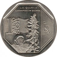 Peru coin 1 Nuevo Sol - Natural resources of Peru: Quinoa (2013) reverse reverse of 1 Nuevo Sol - Natural resources of Peru: Quinoa (2013) coin with KM# 376 from Peru. Inscription: LA QUINUA CHENOPODIUM QUINOA 1 NUEVO SOL