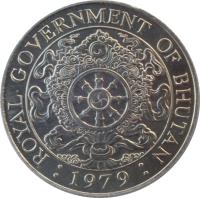Bhutan coin 1 Ngultrum - Jigme Singye Wangchuck - Non magnetic (1979) obverse obverse of 1 Ngultrum - Jigme Singye Wangchuck - Non magnetic (1979) coin with KM# 49 from Bhutan. Inscription: ROYAL GOVERNMENT OF BHUTAN : 1979 :