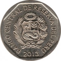 obverse of 1 Nuevo Sol - Natural resources of Peru: Cacao (2013) coin with KM# 375 from Peru. Inscription: BANCO CENTRAL DE RESERVA DEL PERU 2013