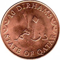 reverse of 10 Dirhams - Hamad bin Khalifa Al Thani - Non magnetic (2006) coin with KM# 13 from Qatar. Inscription: 10 DIRHAMS ١٠ STATE OF QATAR