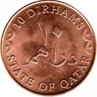Qatar coin 10 Dirhams - Hamad bin Khalifa Al Thani - Non magnetic (2006) reverse reverse of 10 Dirhams - Hamad bin Khalifa Al Thani - Non magnetic (2006) coin with KM# 13 from Qatar. Inscription: 10 DIRHAMS ١٠ STATE OF QATAR