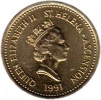 Saint Helena and Ascension coin 1 Pound - Elizabeth II - 3'rd Portrait (1991 - 2006) obverse obverse of 1 Pound - Elizabeth II - 3'rd Portrait (1991 - 2006) coin with KM# 17 from Saint Helena and Ascension. Inscription: QUEEN ELIZABETH II ST.HELENA + ASCENSION RDM 1991