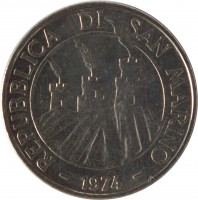 San Marino coin 50 Lire (1974) obverse obverse of 50 Lire (1974) coin with KM# 35 from San Marino. Inscription: REPUBBLICA DI SAN MARINO 1974