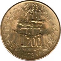 San Marino coin 200 Lire - Work Life: Weaving (1978) obverse obverse of 200 Lire - Work Life: Weaving (1978) coin with KM# 83 from San Marino. Inscription: REPVBBLICA DI SAN MARINO L.200 1978