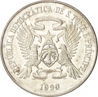São Tomé and Príncipe coin 50 Dobras - FAO (1990) obverse obverse of 50 Dobras - FAO (1990) coin with KM# 52 from São Tomé and Príncipe. Inscription: REPUBLICA DEMOCRATICA DE S. TOME E PRINCIPE 1990