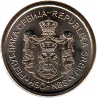 obverse of 10 Dinara - 2'nd Coat of Arms (2011 - 2012) coin with KM# 57 from Serbia. Inscription: РЕПУБЛИКА СРБИЈА-REPUBLIKA SRBIJA · НБС-NBS ·