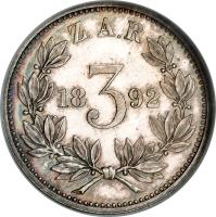 South Africa coin 3 Pence (1892 - 1897) reverse reverse of 3 Pence (1892 - 1897) coin with KM# 3 from South Africa. Inscription: Z.A.R 18 3 92
