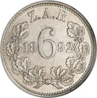 reverse of 6 Pence (1892 - 1897) coin with KM# 4 from South Africa. Inscription: Z.A.R 6 1892
