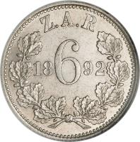 South Africa coin 6 Pence (1892 - 1897) reverse reverse of 6 Pence (1892 - 1897) coin with KM# 4 from South Africa. Inscription: Z.A.R 6 1892