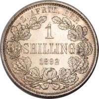 reverse of 1 Shilling (1892 - 1897) coin with KM# 5 from South Africa. Inscription: Z. AFRIK. REP. 1 SHILLING 1892