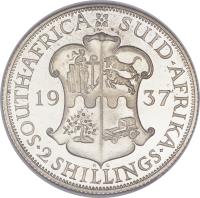 reverse of 2 Shillings - George VI (1937 - 1947) coin with KM# 29 from South Africa. Inscription: SOUTH · AFRICA SUID · AFRIKA · 2 SHILLINGS ·