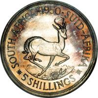 reverse of 5 Shillings - George VI - SOUTH AFRICA - SUID-AFRIKA (1948 - 1950) coin with KM# 40.1 from South Africa. Inscription: SOUTH AFRICA · 1950 · SUID-AFRIKA CLS 5 SHILLINGS