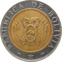 obverse of 5 Bolivianos (2001 - 2004) coin with KM# 212 from Bolivia. Inscription: REPUBLICA DE BOLIVIA