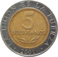 Bolivia coin 5 Bolivianos (2001 - 2004) reverse reverse of 5 Bolivianos (2001 - 2004) coin with KM# 212 from Bolivia. Inscription: LA UNION ES LA FUERZA 5 BOLIVIANOS 2001