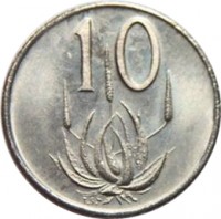 reverse of 10 Cents - Nicolaas J. Diederichs (1979) coin with KM# 101 from South Africa. Inscription: 10 T.S.