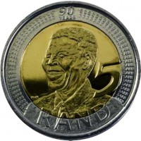 reverse of 5 Rand - Nelson Mandela (2008) coin with KM# 439 from South Africa. Inscription: 90 YEARS NvN 5 RAND