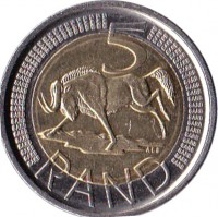 reverse of 5 Rand - ININGIZIMU AFRIKA - ISEWULA AFRIKA (2011) coin with KM# 506 from South Africa. Inscription: 5 ALS RAND