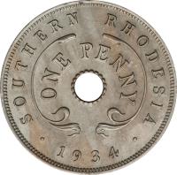 Southern Rhodesia coin 1 Penny - George V (1934 - 1936) reverse reverse of 1 Penny - George V (1934 - 1936) coin with KM# 7 from Southern Rhodesia. Inscription: SOUTHERN RHODESIA ONE PENNY · 1934 ·