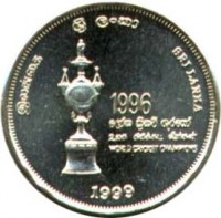 obverse of 5 Rupees - Cricket (1999) coin with KM# 161 from Sri Lanka.