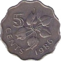 reverse of 5 Cents - Dzeliwe (1986) coin with KM# 40.1 from Swaziland. Inscription: 5 CENTS 1986